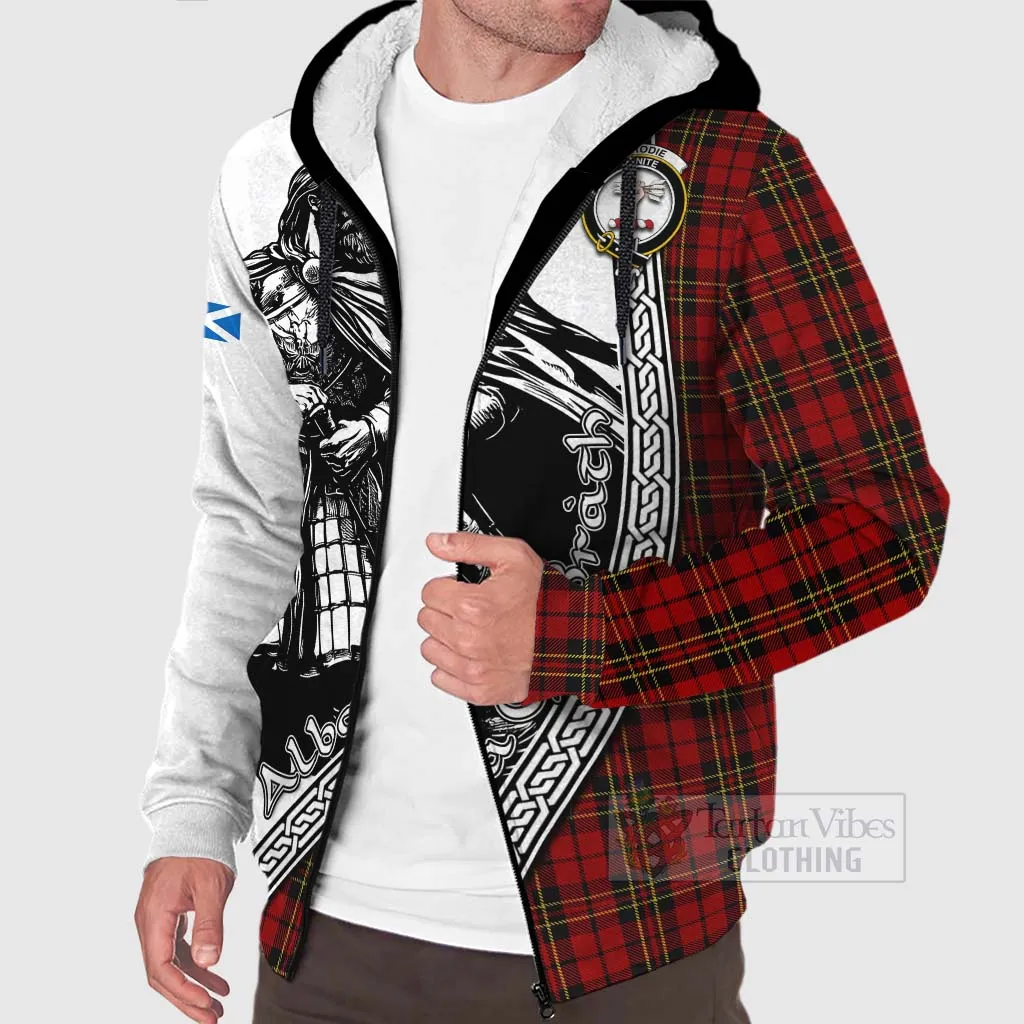 Brodie Tartan Clan Crest Sherpa Hoodie with Highlander Warrior Celtic Style