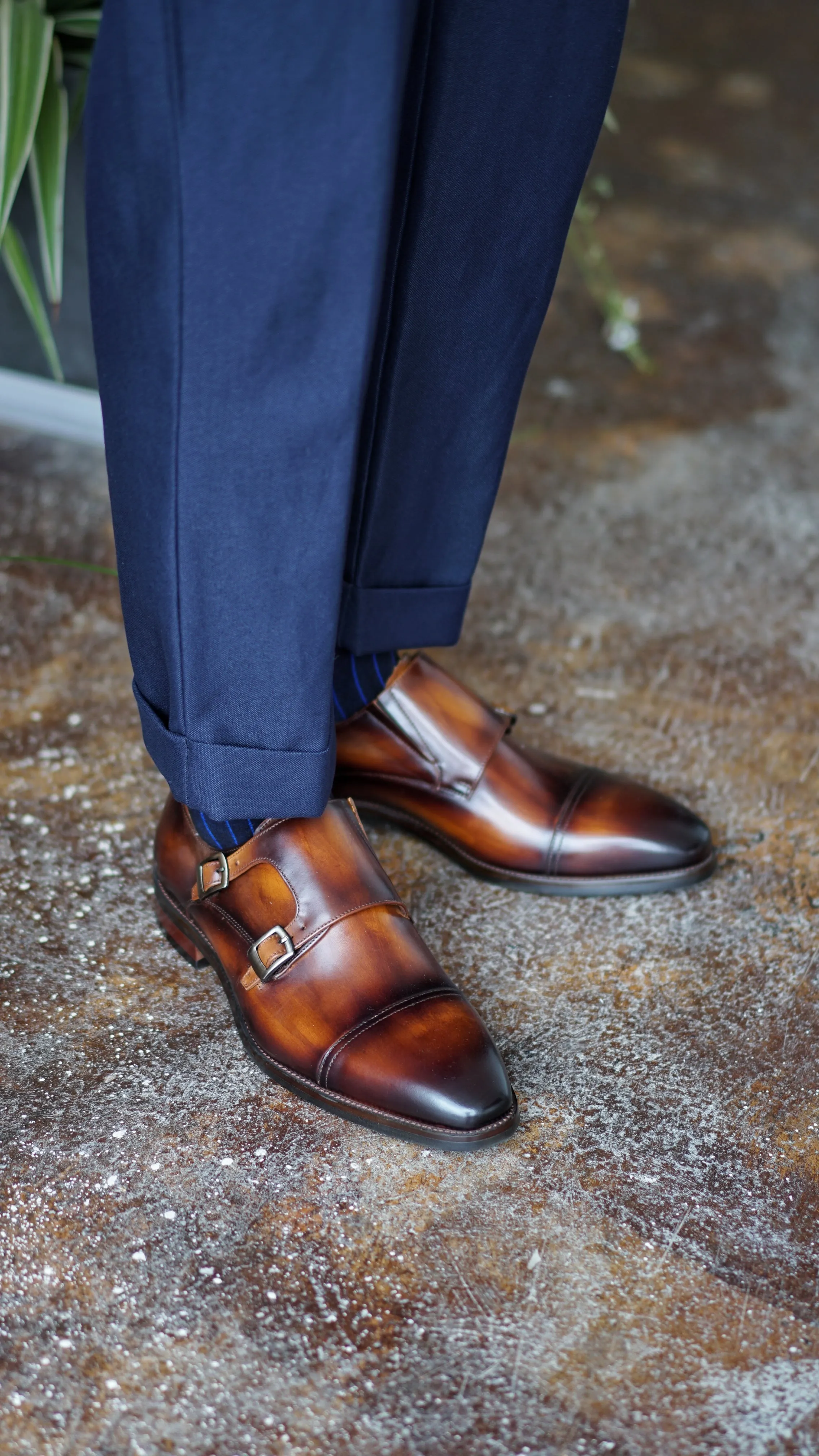 Brown Leather Double Monk Strap Shoes for Men