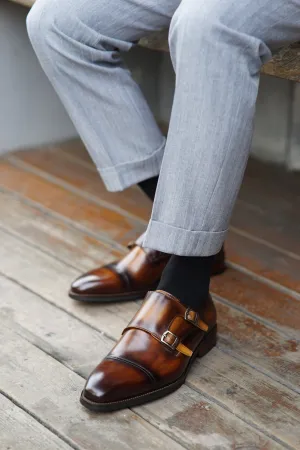 Brown Leather Double Monk Strap Shoes for Men