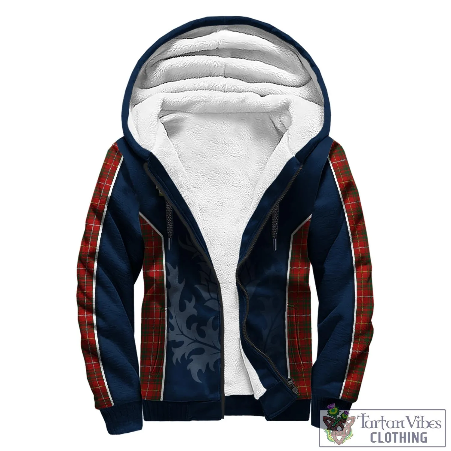 Bruce Tartan Sherpa Hoodie with Family Crest and Scottish Thistle Vibes Sport Style