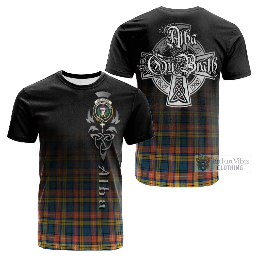 Buchanan Ancient Tartan Cotton T-shirt Featuring Alba Gu Brath Family Crest Celtic Inspired