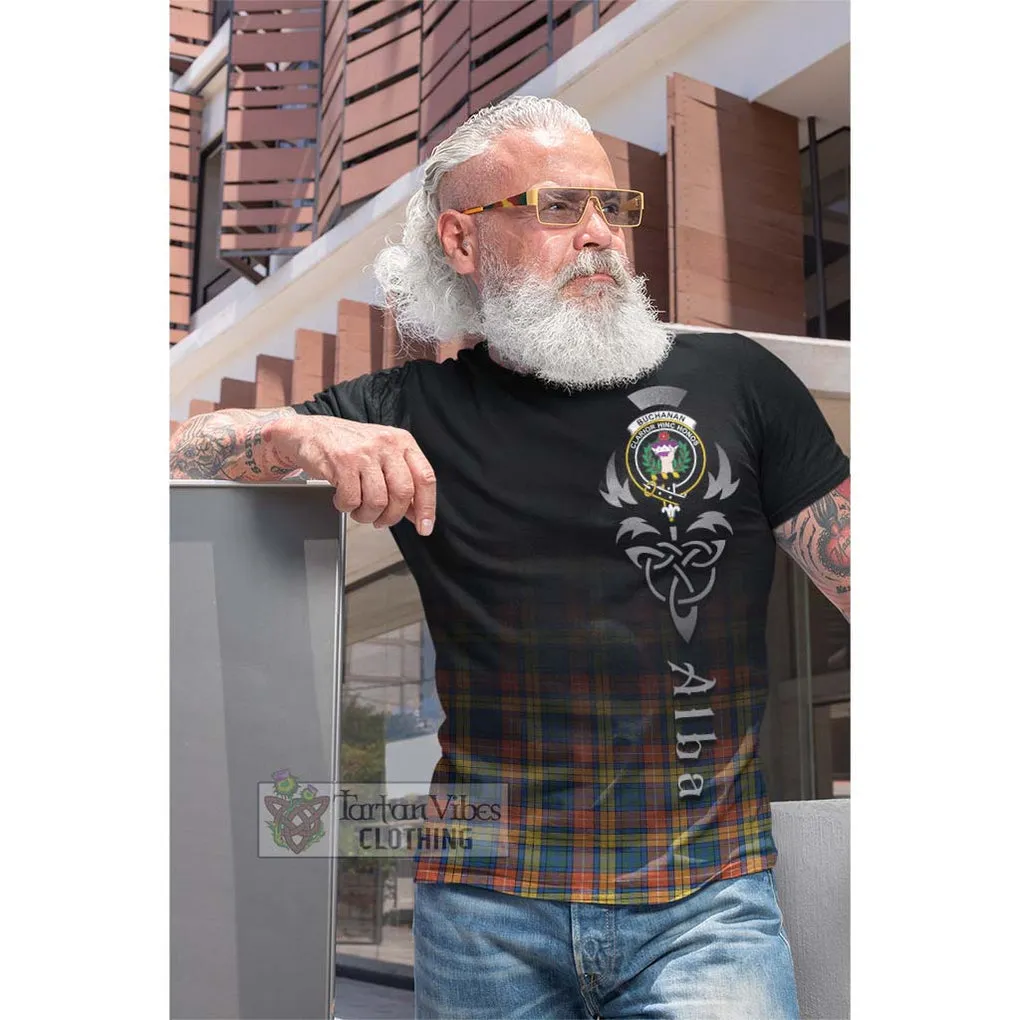 Buchanan Ancient Tartan Cotton T-shirt Featuring Alba Gu Brath Family Crest Celtic Inspired