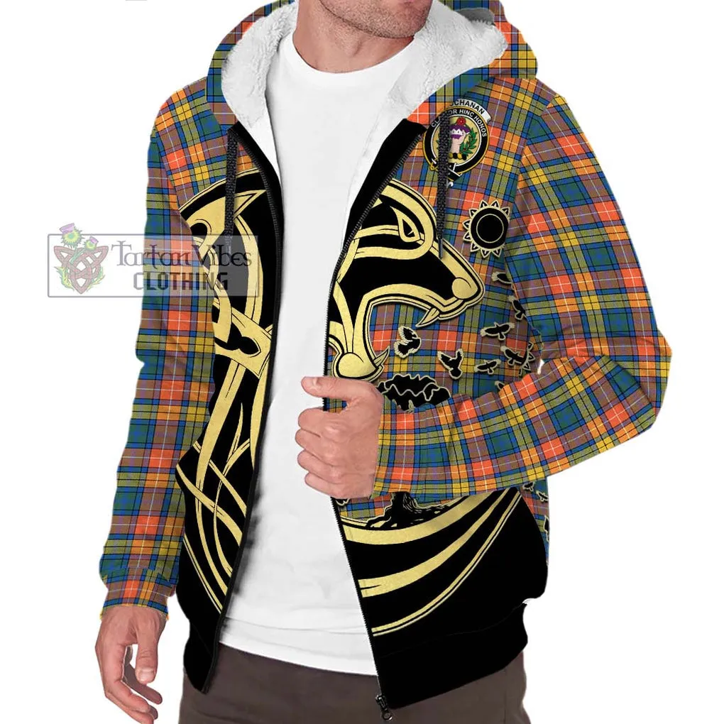 Buchanan Ancient Tartan Sherpa Hoodie with Family Crest Celtic Wolf Style