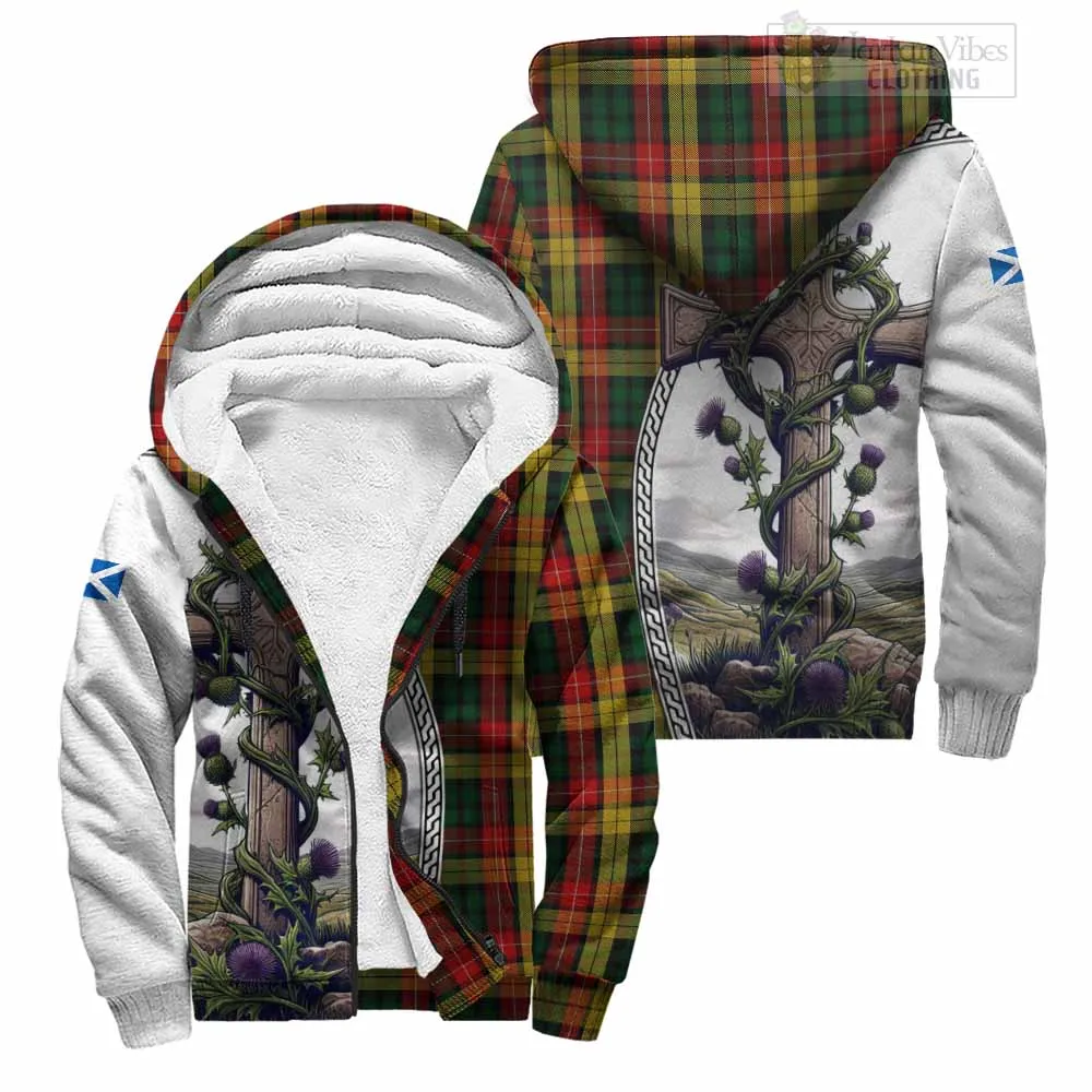 Buchanan Tartan Sherpa Hoodie with Family Crest and St. Andrew's Cross Accented by Thistle Vines