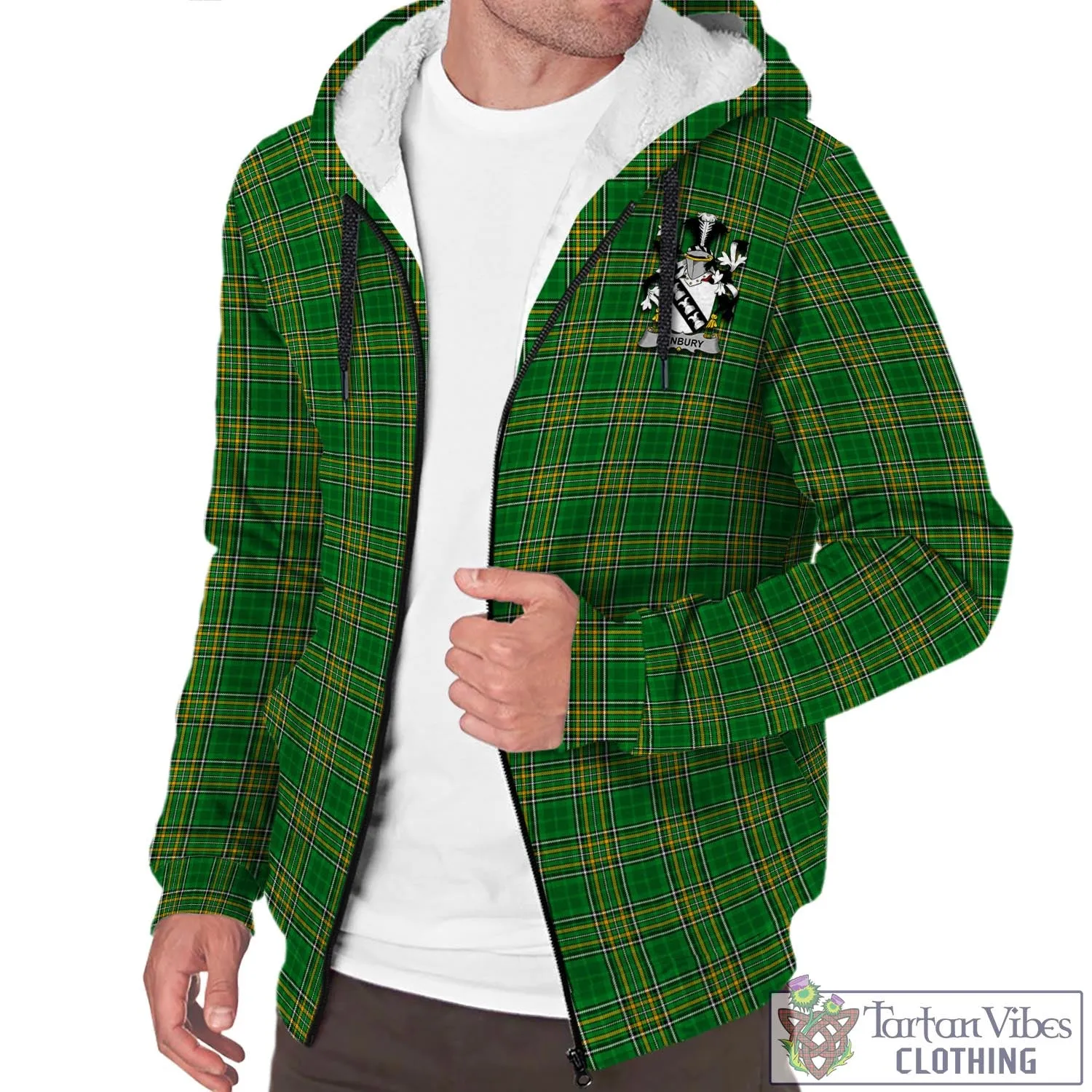 Bunbury Irish Clan Tartan Sherpa Hoodie with Coat of Arms