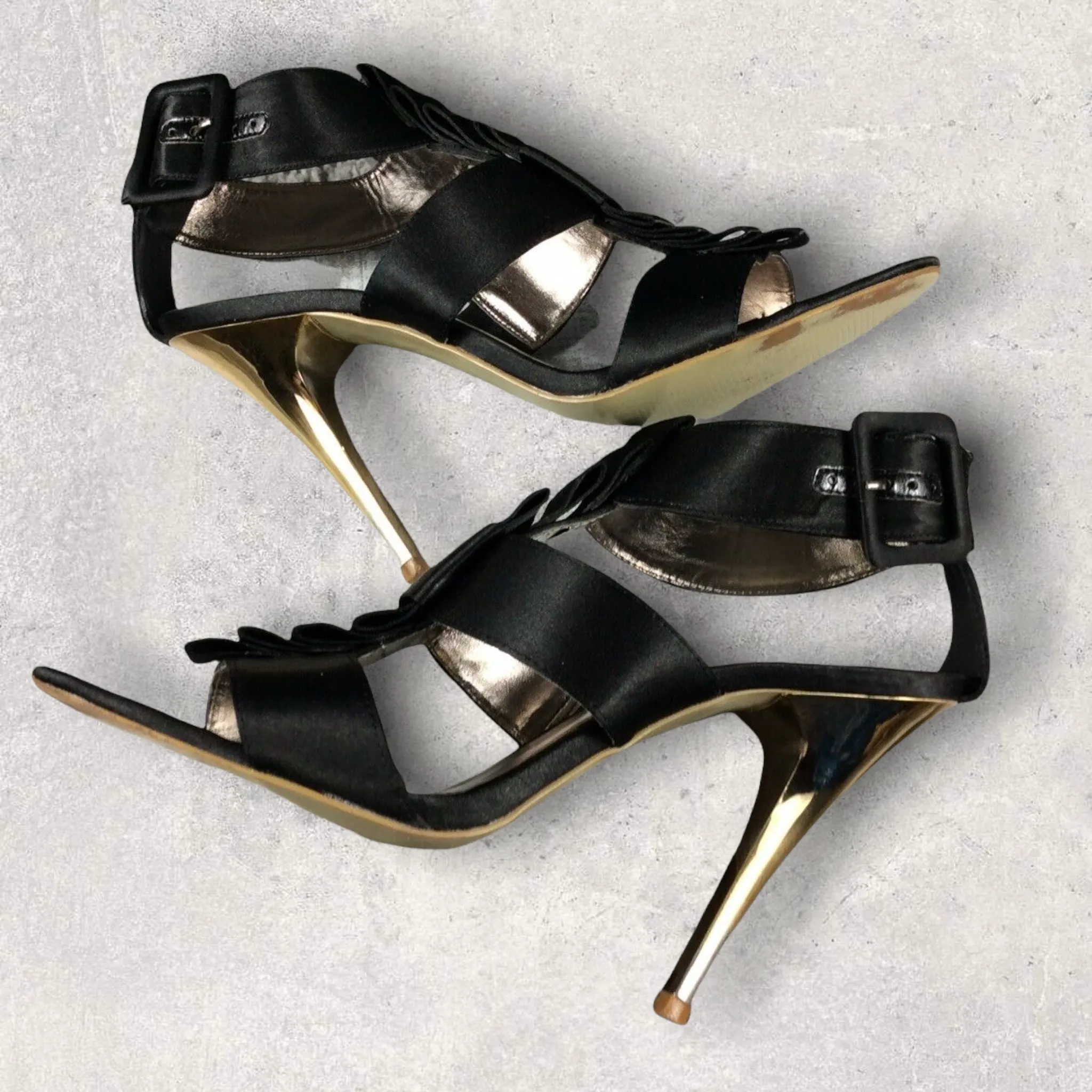 Carvela Black Satin Ruffle Peep-toe Gold Stiletto Shoes UK 7