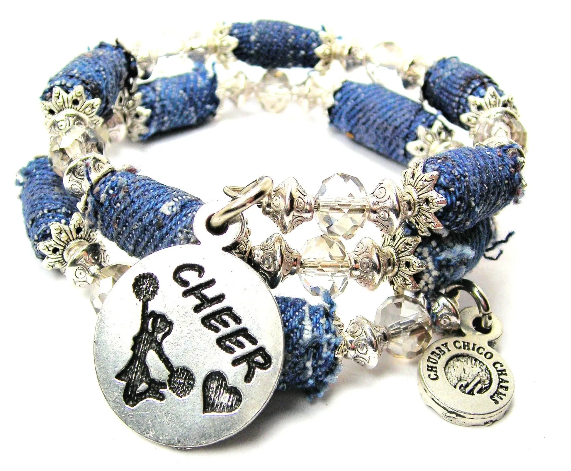 Cheer With Cheerleader Blue Jean Beaded Wrap Bracelet