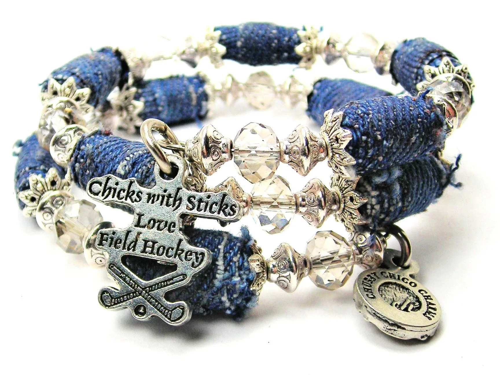 Chicks With Sticks Love Field Hockey Blue Jean Beaded Wrap Bracelet