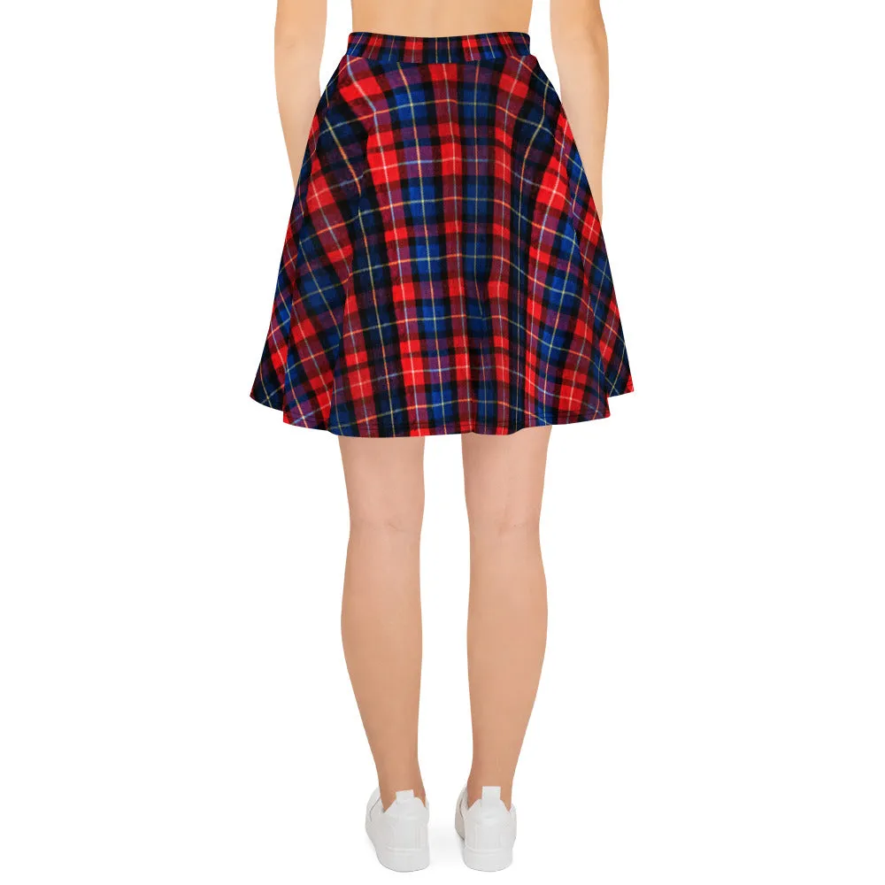 Christmas Red Plaid Skater Skirt, Tartan Scottish Print High-Waisted Women's Skater Skirt - Made In Europe