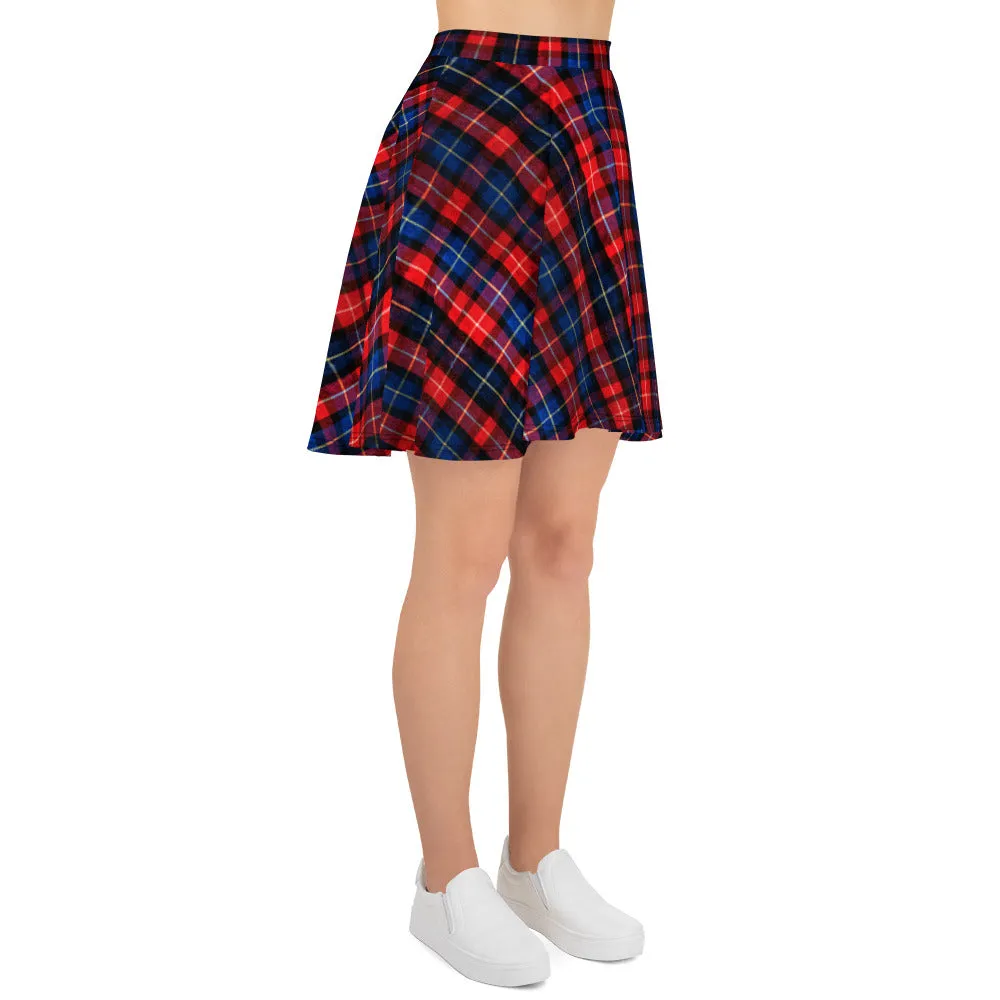 Christmas Red Plaid Skater Skirt, Tartan Scottish Print High-Waisted Women's Skater Skirt - Made In Europe