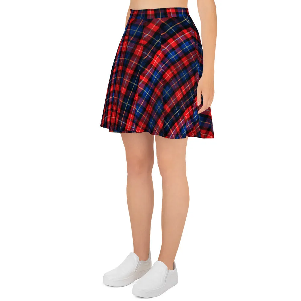 Christmas Red Plaid Skater Skirt, Tartan Scottish Print High-Waisted Women's Skater Skirt - Made In Europe