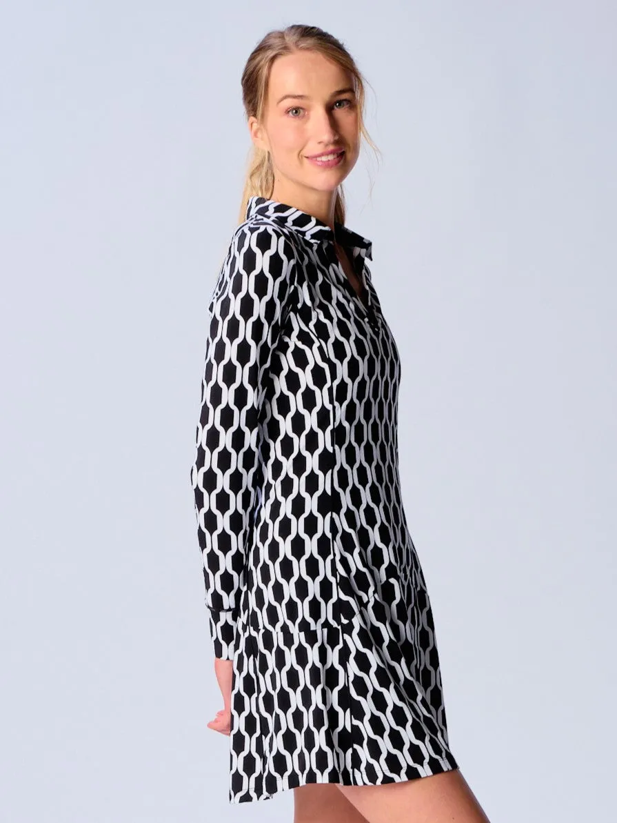 Color Block Long Sleeve Dress in Black Geo