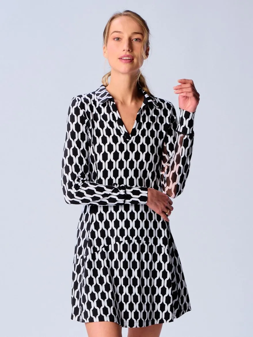 Color Block Long Sleeve Dress in Black Geo