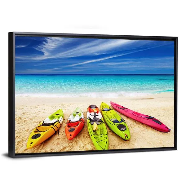 Colorful Kayaks On Beach Canvas Wall Art