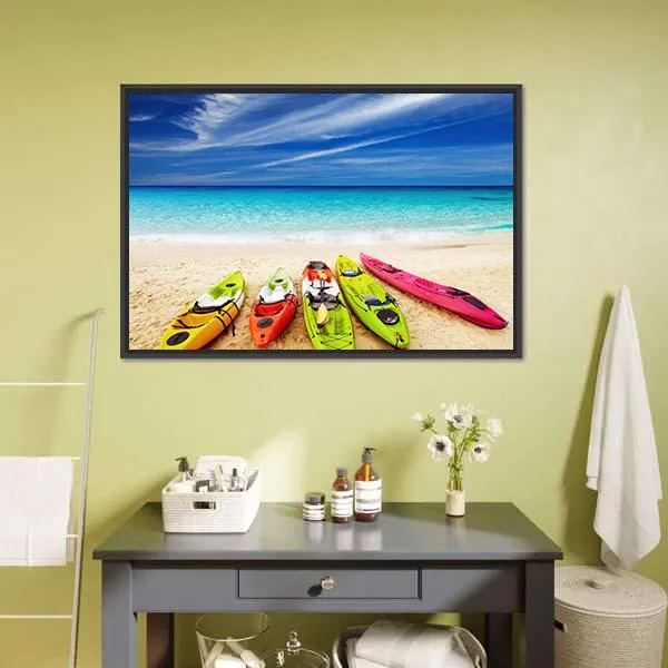 Colorful Kayaks On Beach Canvas Wall Art