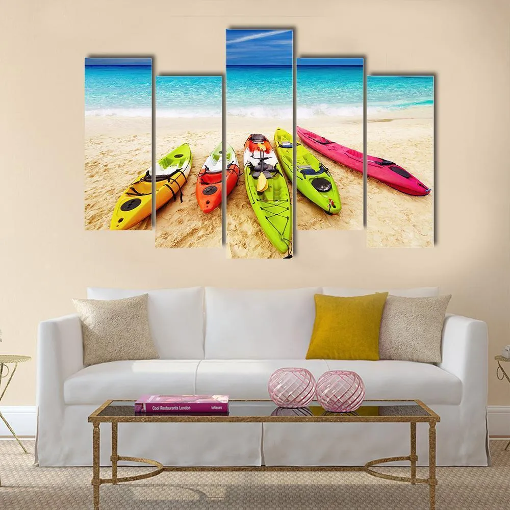 Colorful Kayaks On Beach Canvas Wall Art