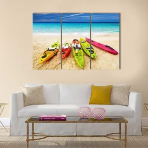 Colorful Kayaks On Beach Canvas Wall Art