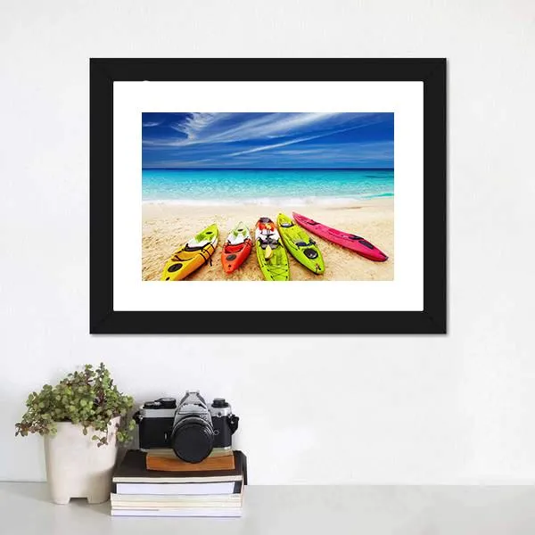 Colorful Kayaks On Beach Canvas Wall Art