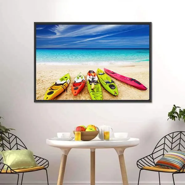 Colorful Kayaks On Beach Canvas Wall Art