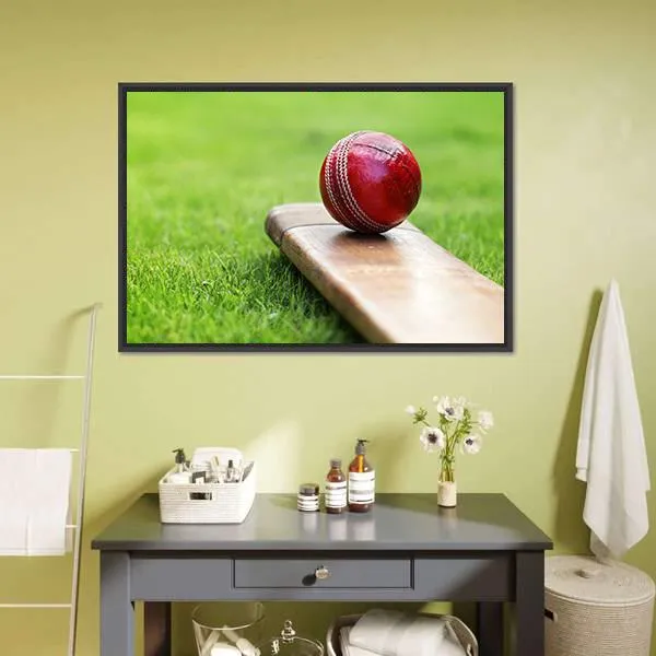 Cricket Ball On Bat Canvas Wall Art