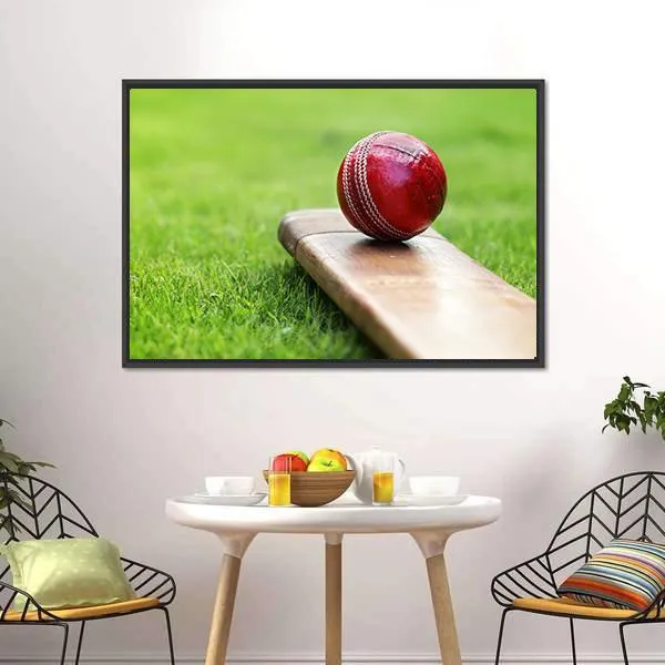 Cricket Ball On Bat Canvas Wall Art