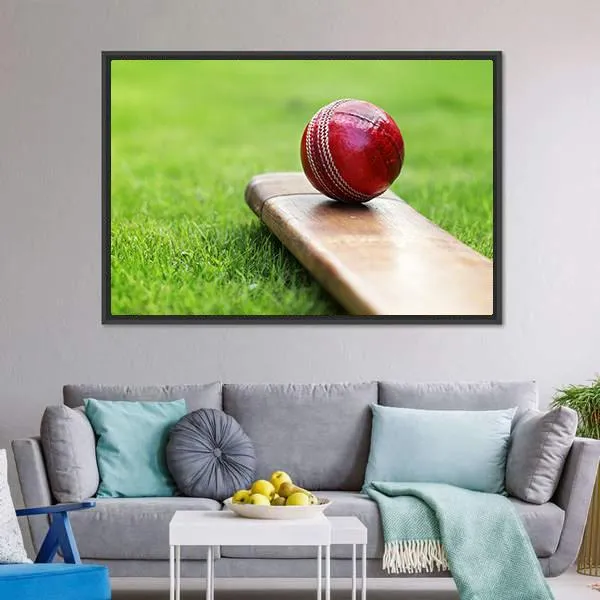 Cricket Ball On Bat Canvas Wall Art