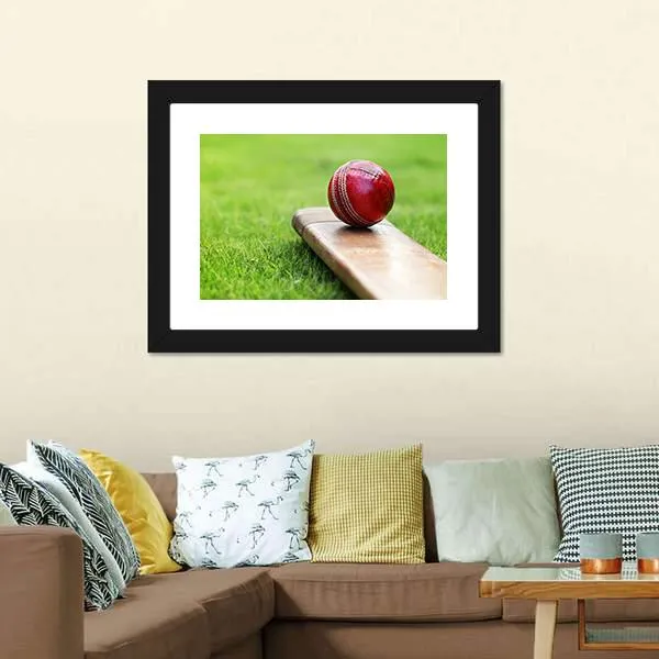 Cricket Ball On Bat Canvas Wall Art