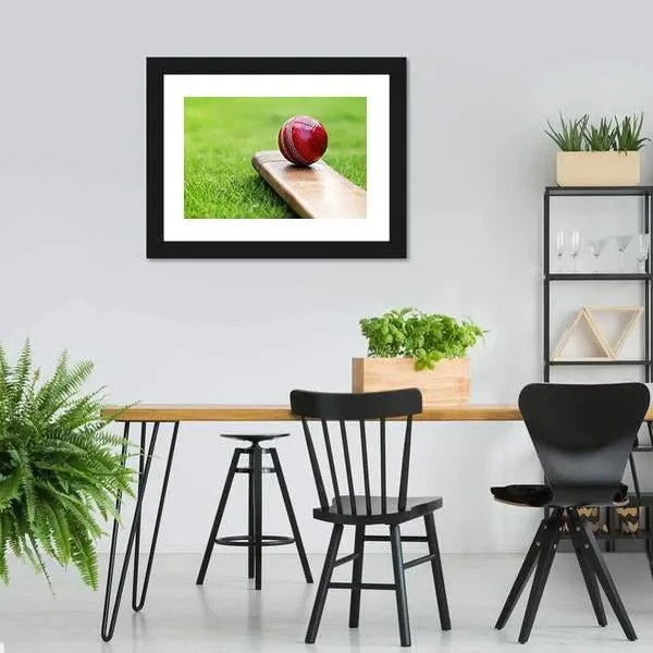 Cricket Ball On Bat Canvas Wall Art