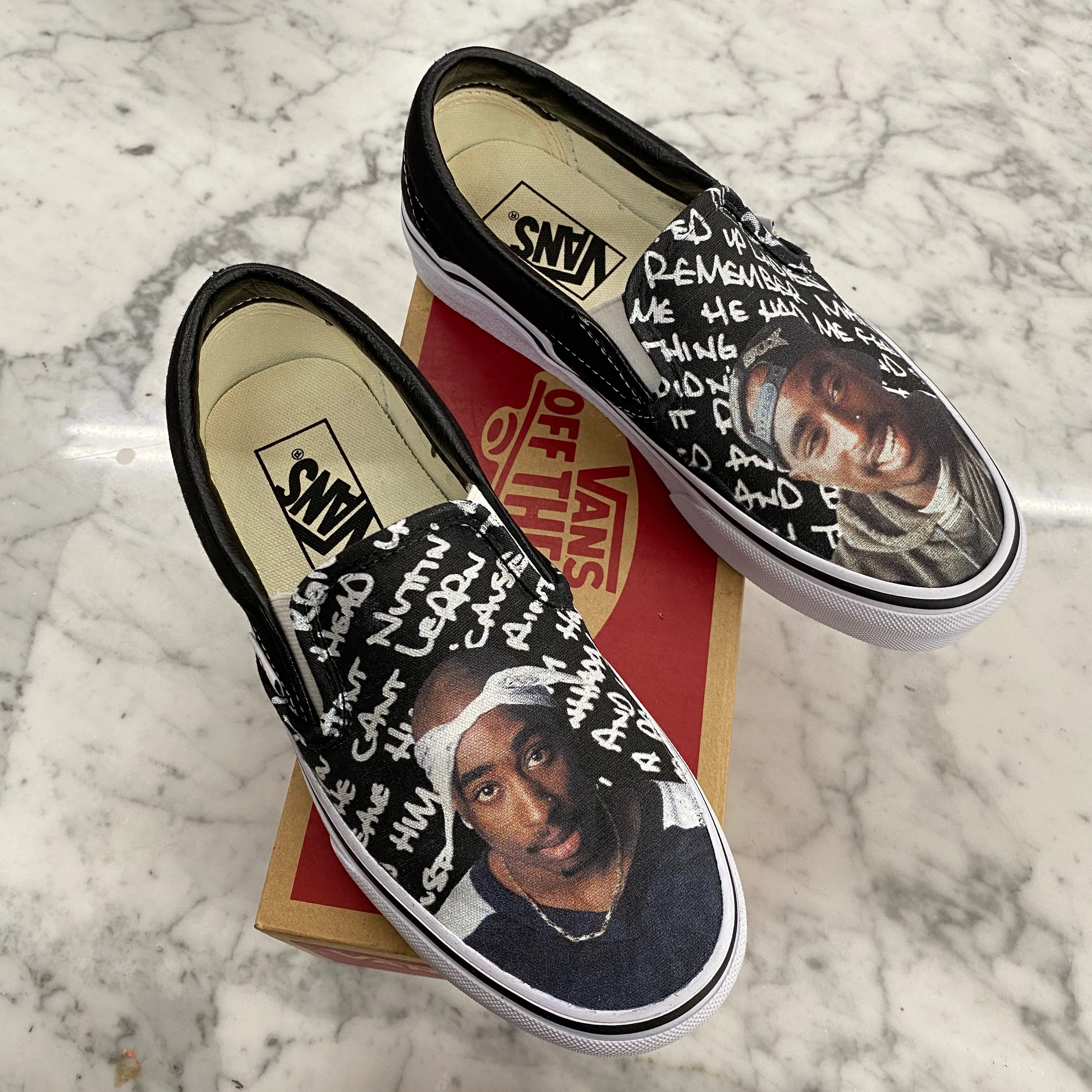 Custom Tupac Black Slip Ons - Custom Vans Shoes