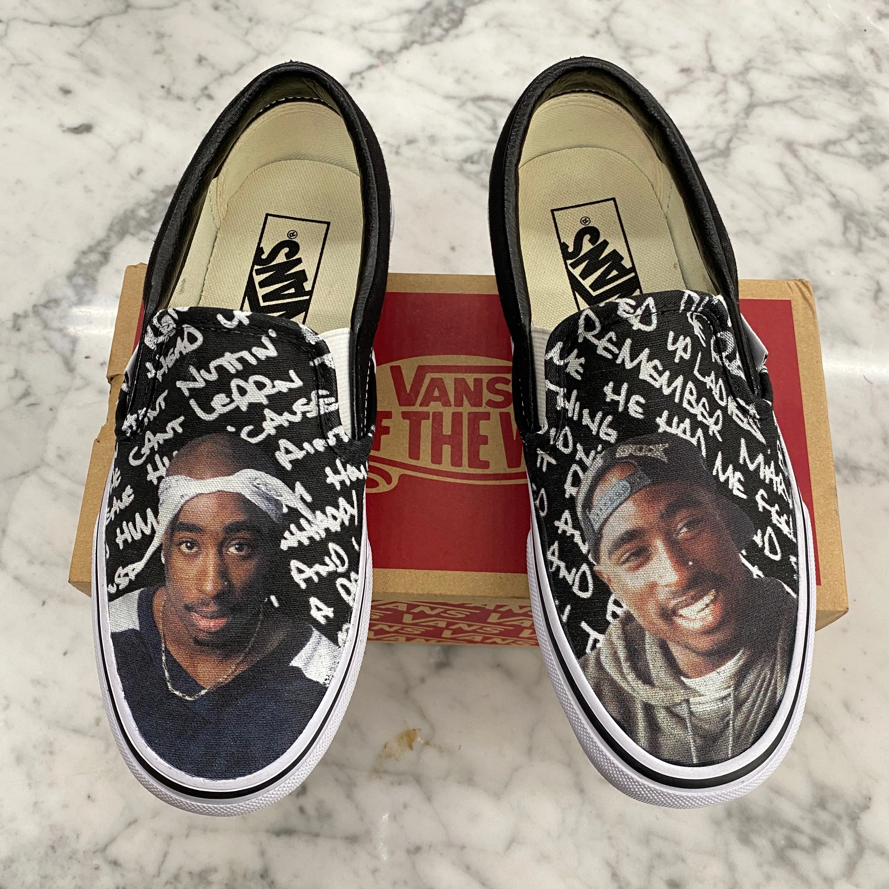 Custom Tupac Black Slip Ons - Custom Vans Shoes