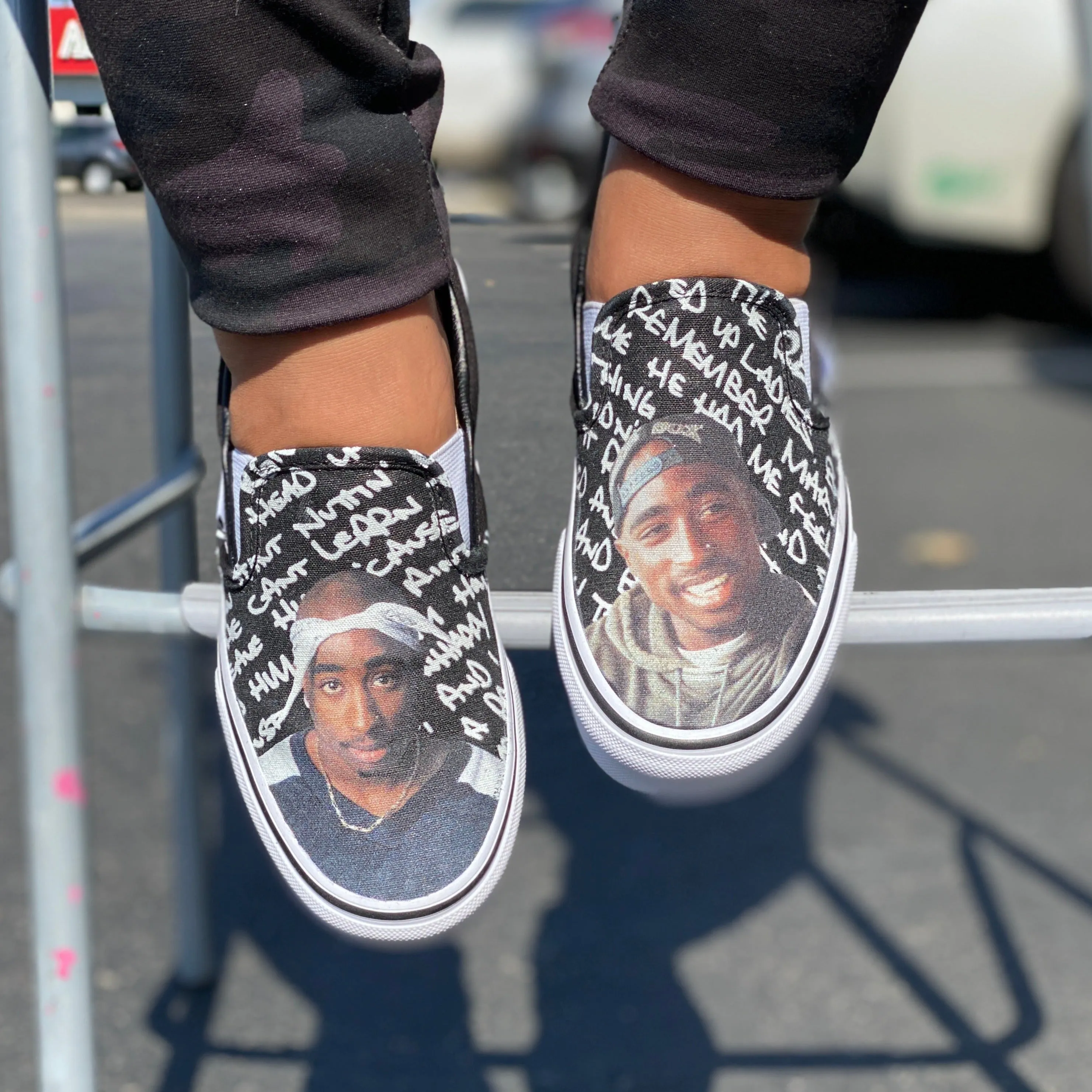 Custom Tupac Black Slip Ons - Custom Vans Shoes