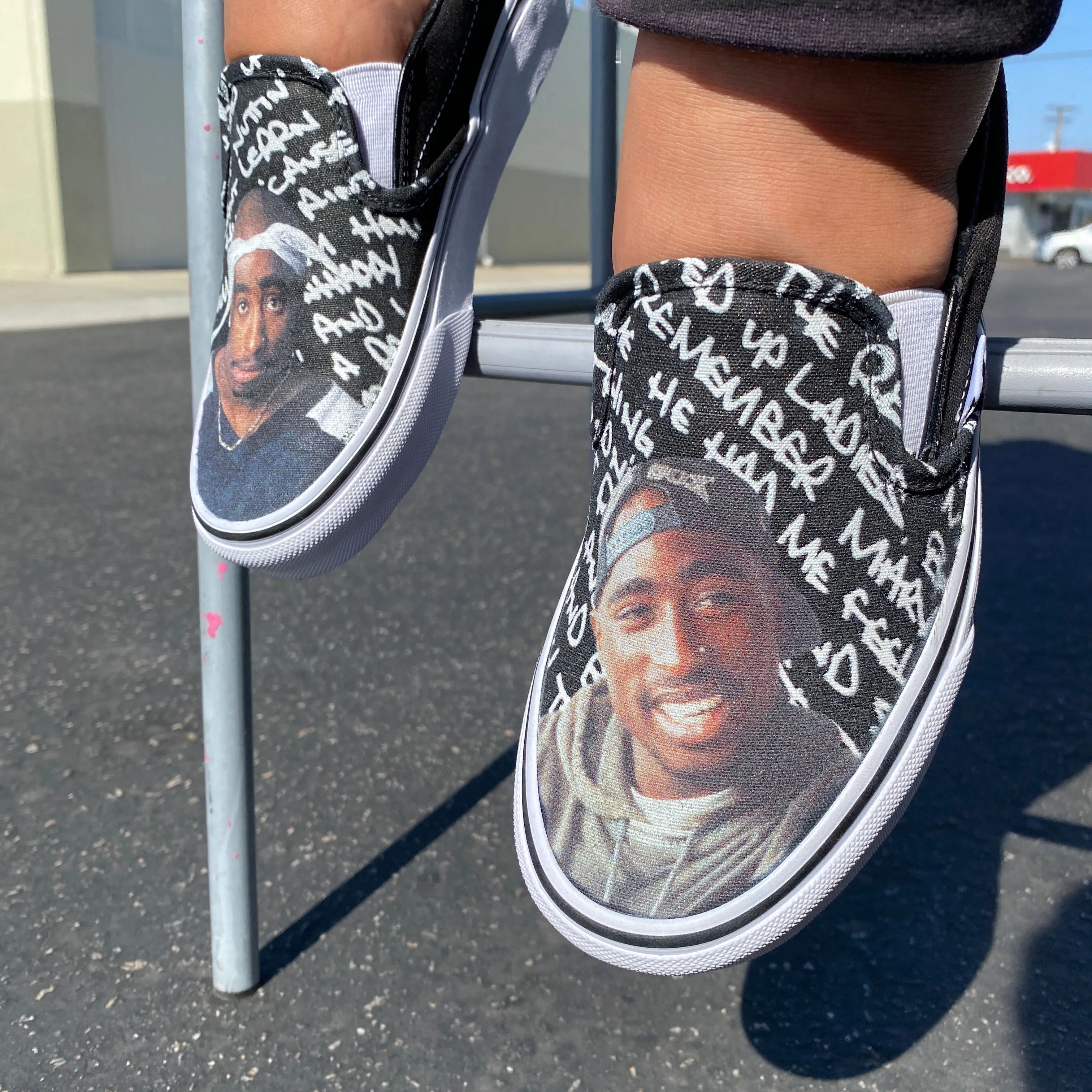 Custom Tupac Black Slip Ons - Custom Vans Shoes