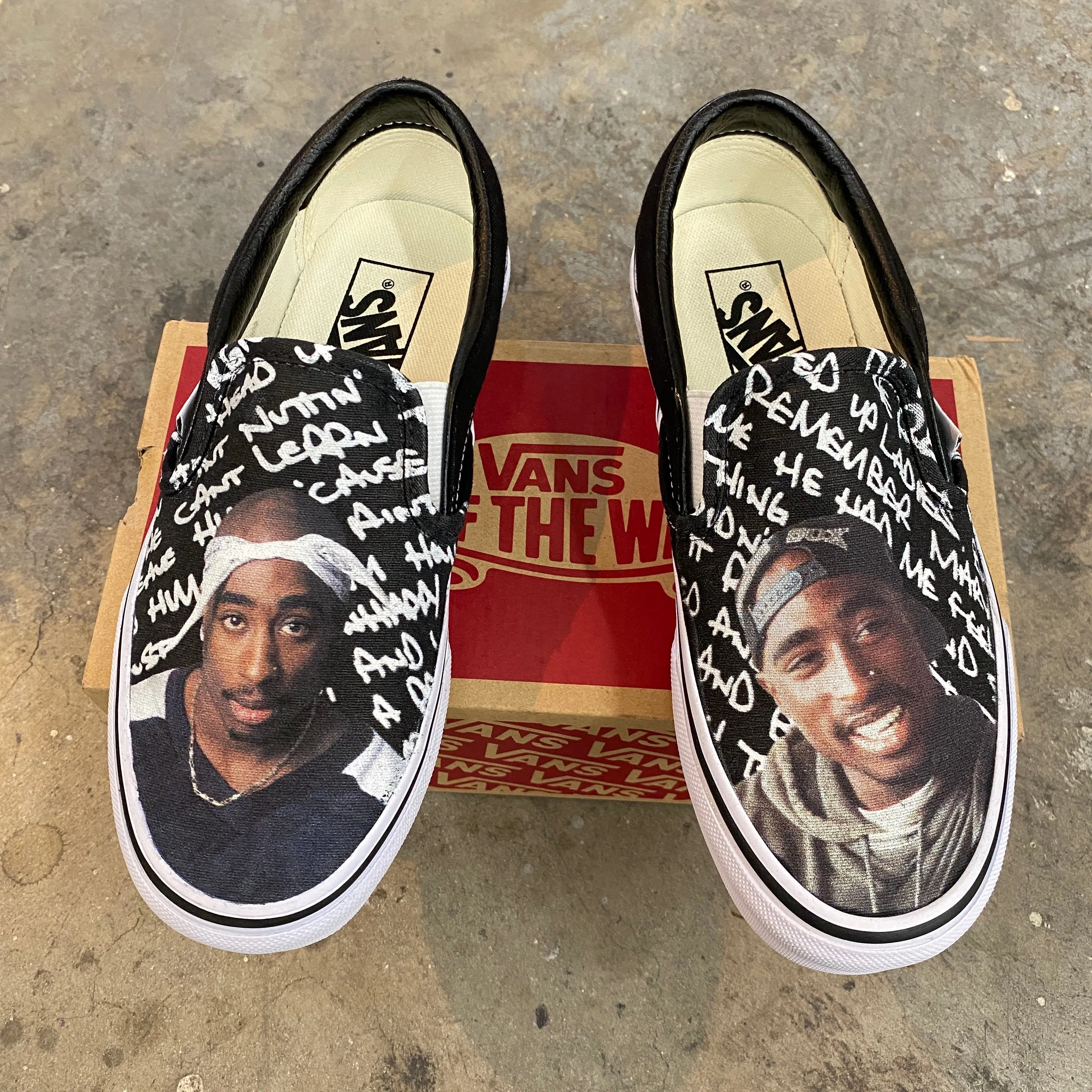 Custom Tupac Black Slip Ons - Custom Vans Shoes