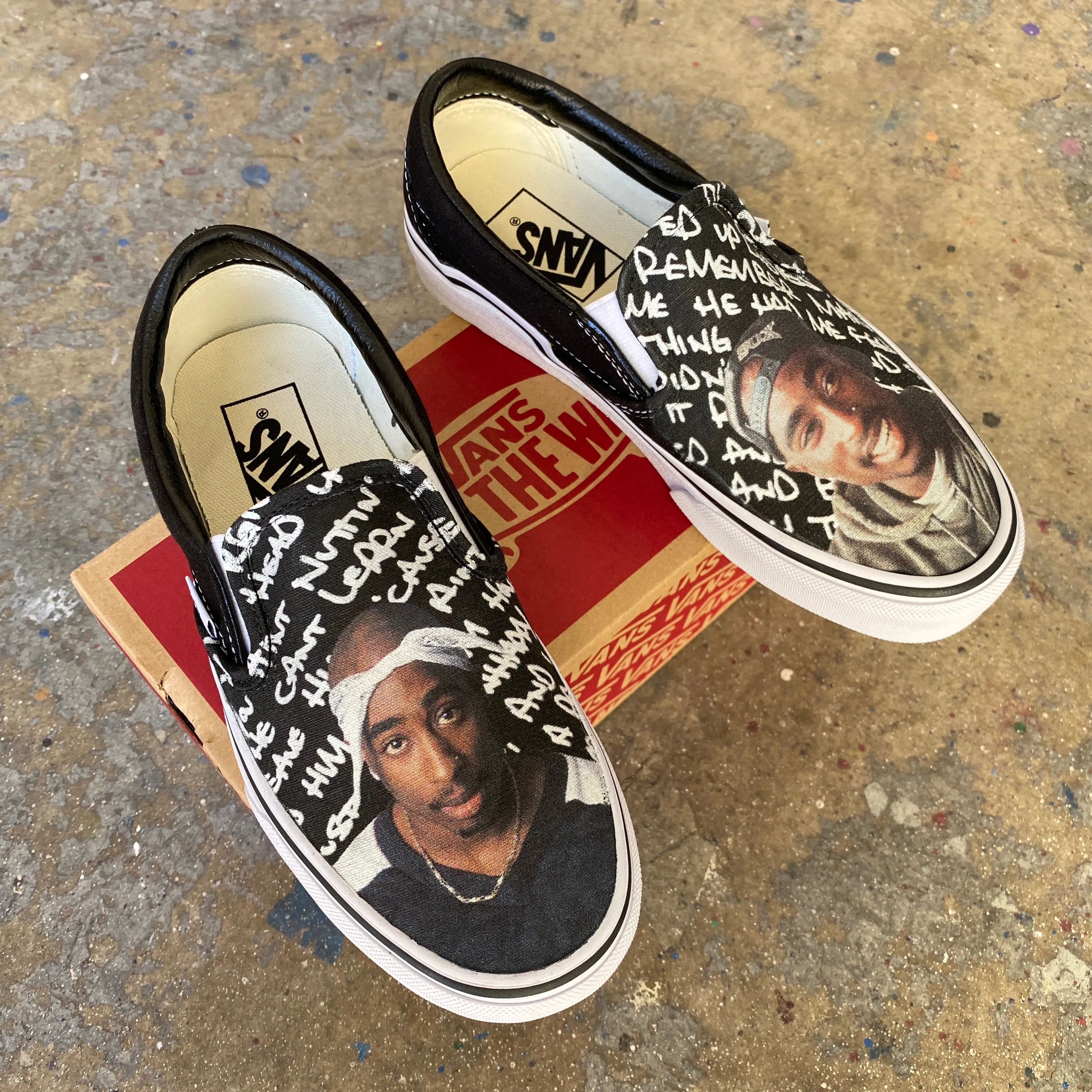 Custom Tupac Black Slip Ons - Custom Vans Shoes