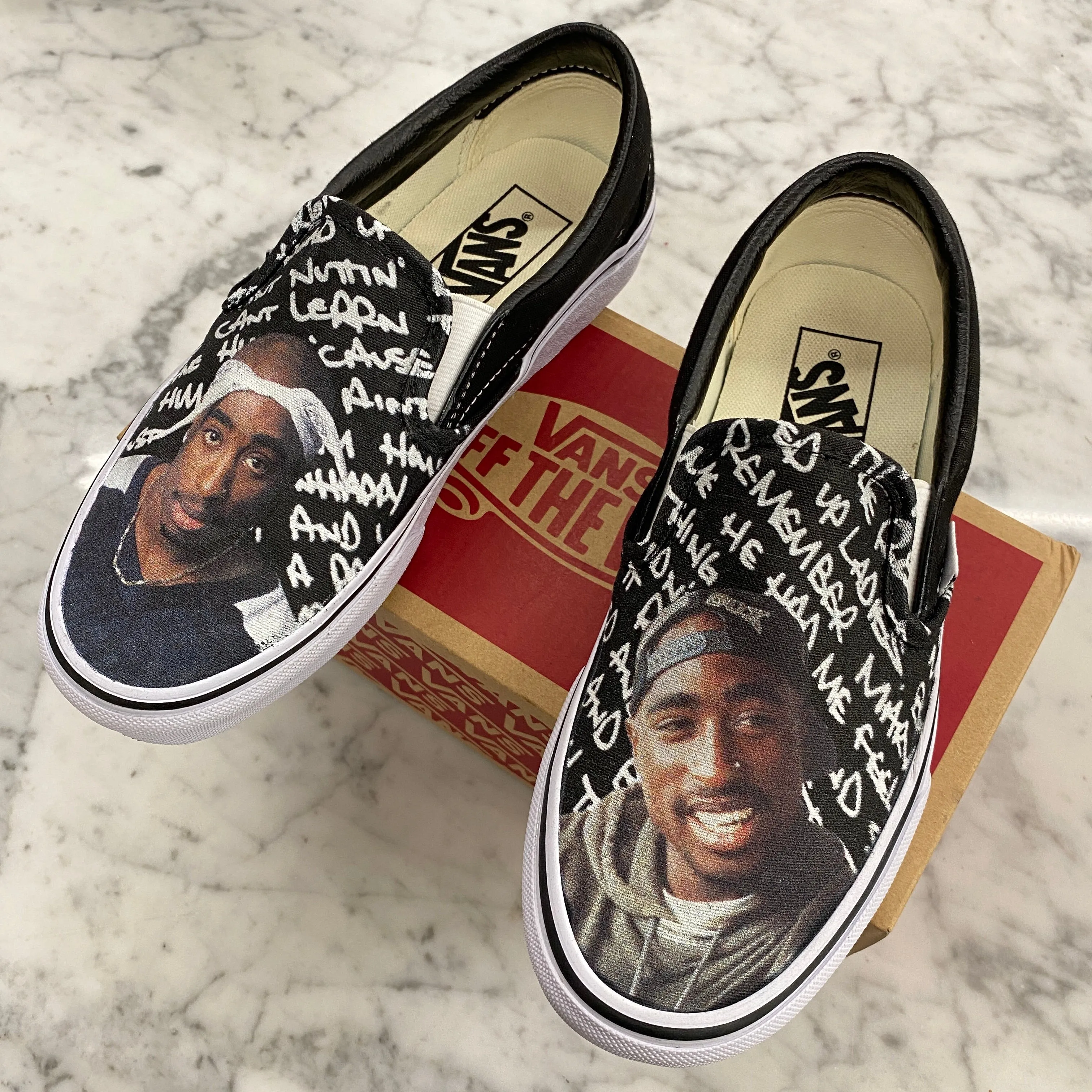 Custom Tupac Black Slip Ons - Custom Vans Shoes