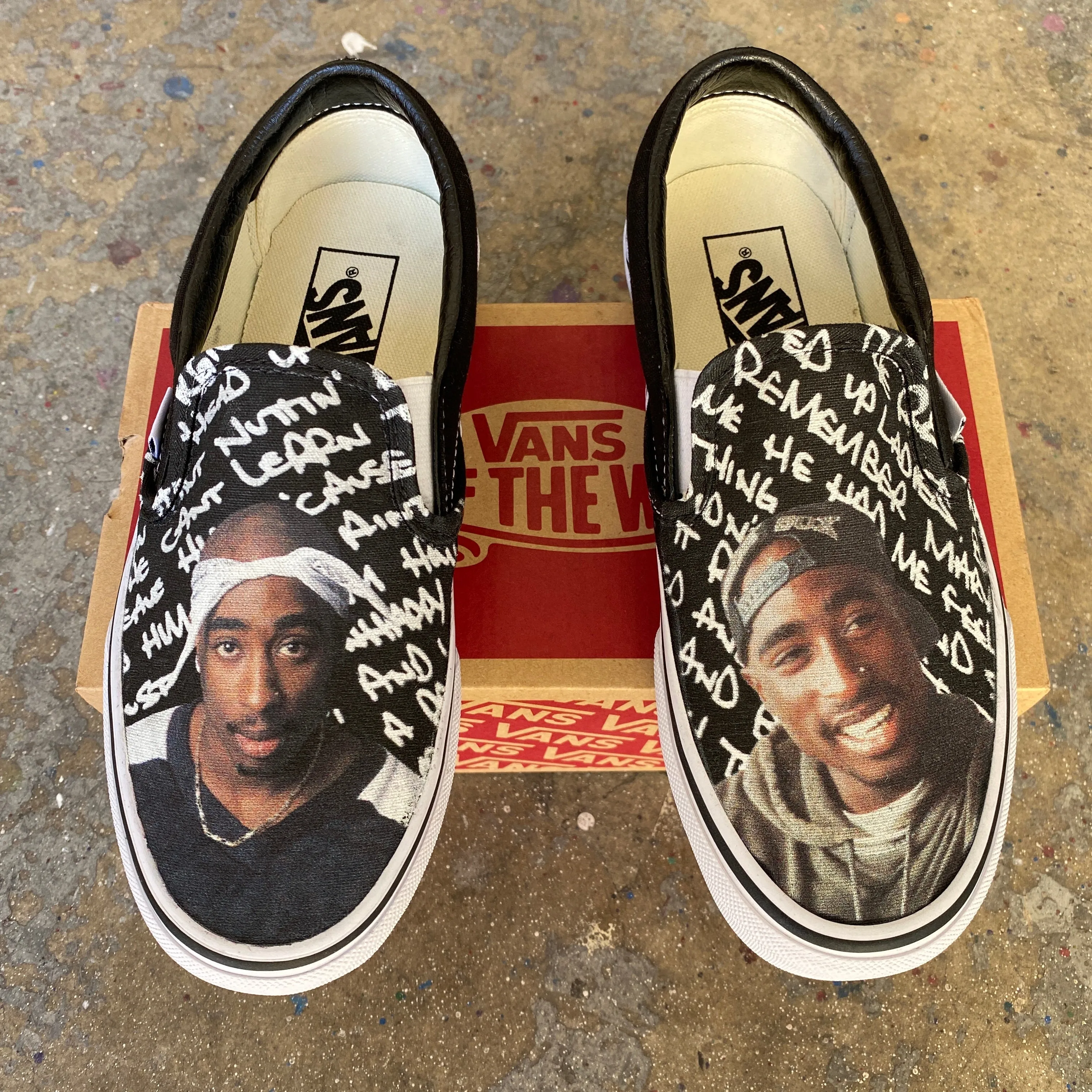 Custom Tupac Black Slip Ons - Custom Vans Shoes