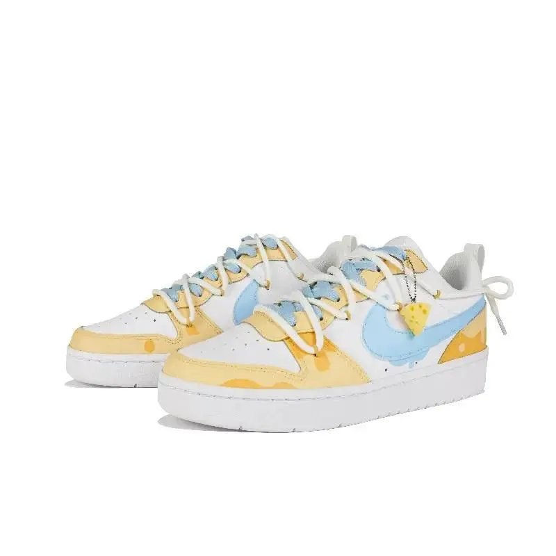 【Customize】Nike Court Borough Skateboarding Shoes Women's Low-top Yellow, Blue And White Sneakers shoes DV5456-106