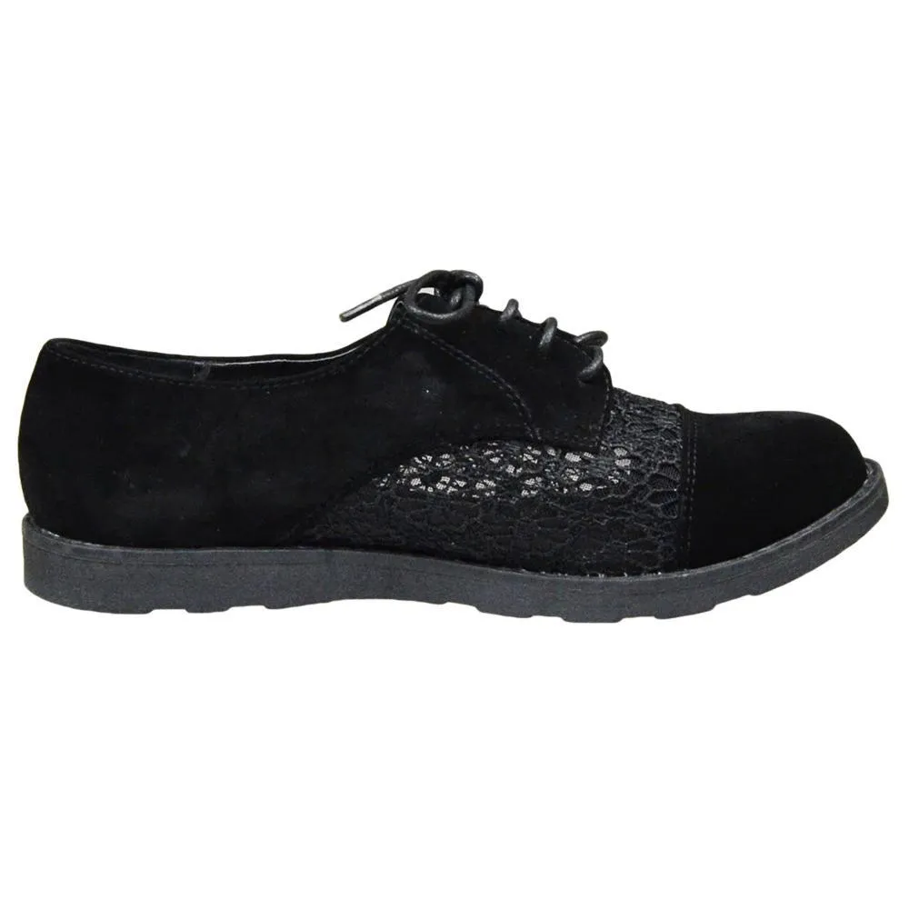 Embroidered Flower Lace Up Oxford Flats Black Shoes For Women