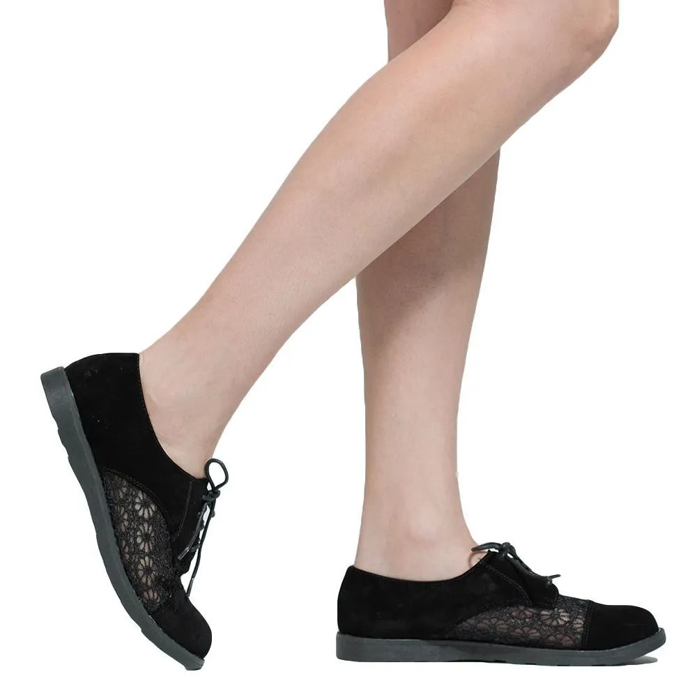 Embroidered Flower Lace Up Oxford Flats Black Shoes For Women