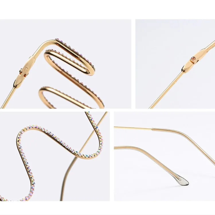 Fashion Handmade Diamond Half-Frame Metal Wave Without Decorative Glasses Frame, Frame color: C02 silver