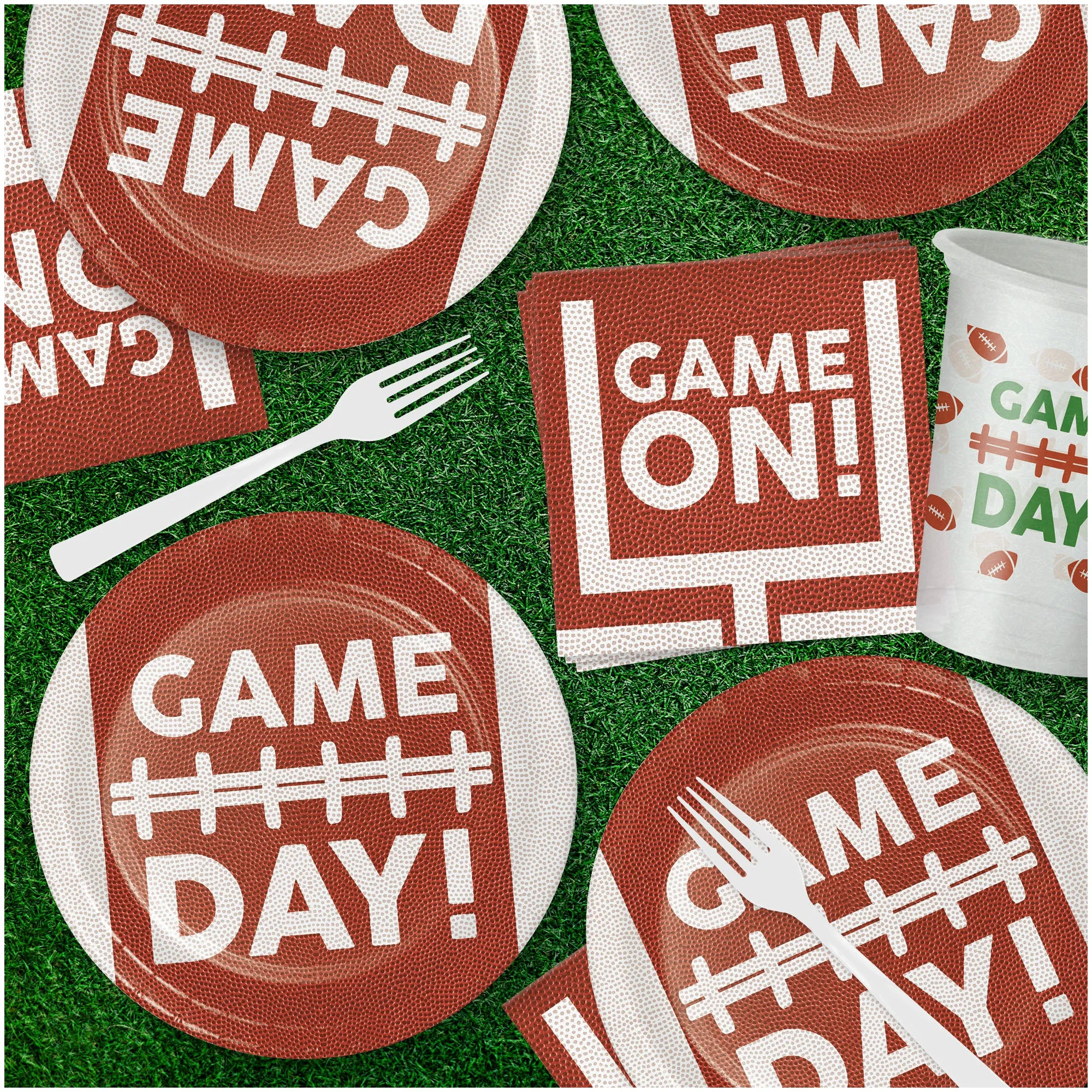 Football Fun Party Pack - Paper Dessert Plates, Napkins, Plastic Cups, Forks, and Table Cover Set (Serves 16)