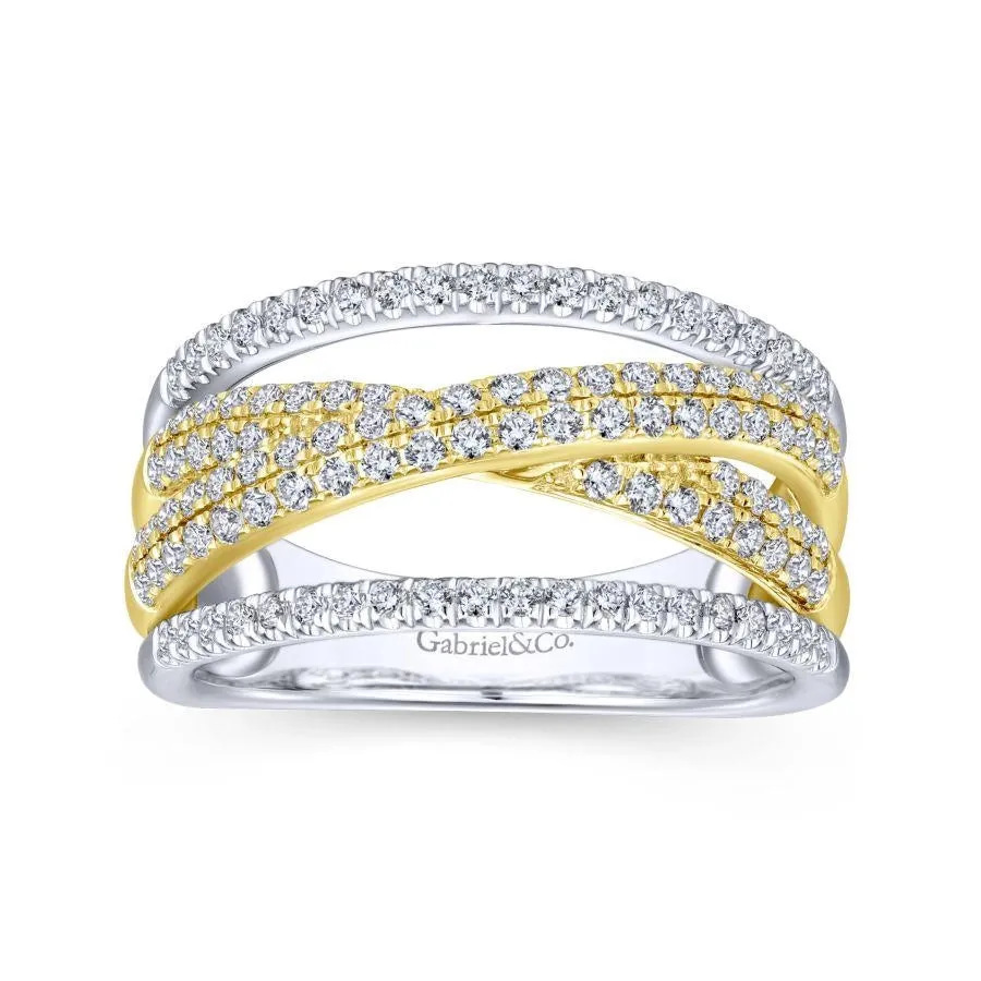 Gabriel & Co. 14K Yellow and White Gold Criss Crossing Multi Row Diamond Ring