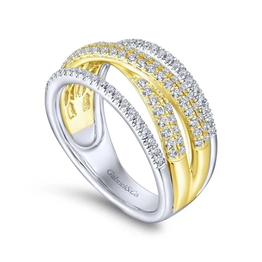 Gabriel & Co. 14K Yellow and White Gold Criss Crossing Multi Row Diamond Ring