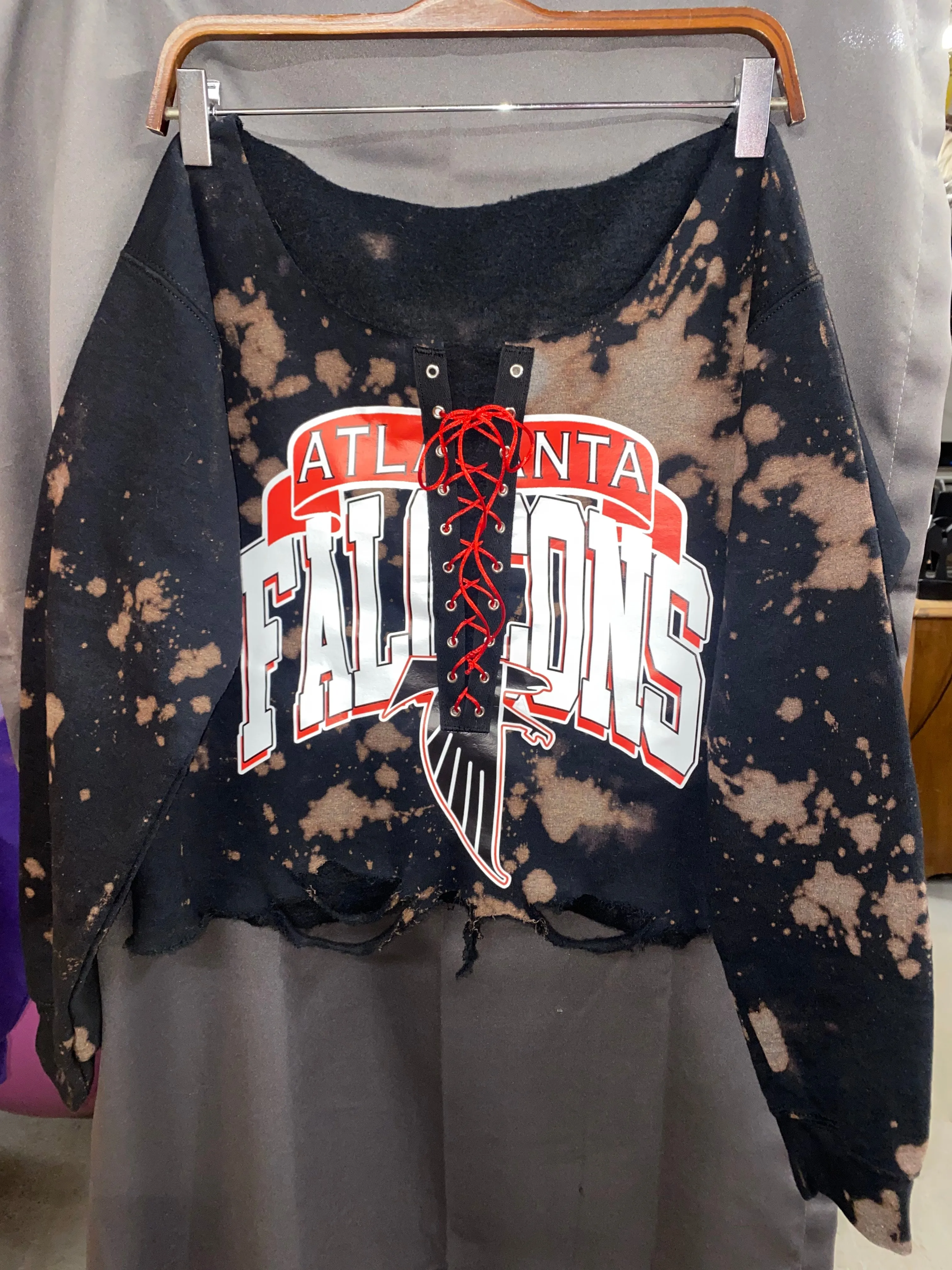 Handmade Atlanta Falcons Black Lace Up Hand Bleached Sweatshirt