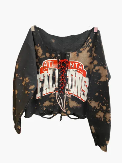 Handmade Atlanta Falcons Black Lace Up Hand Bleached Sweatshirt