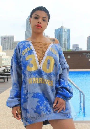 Handmade Golden State Royal Blue Bleached Yellow Gold Distressed Lace Up Sweatshirt