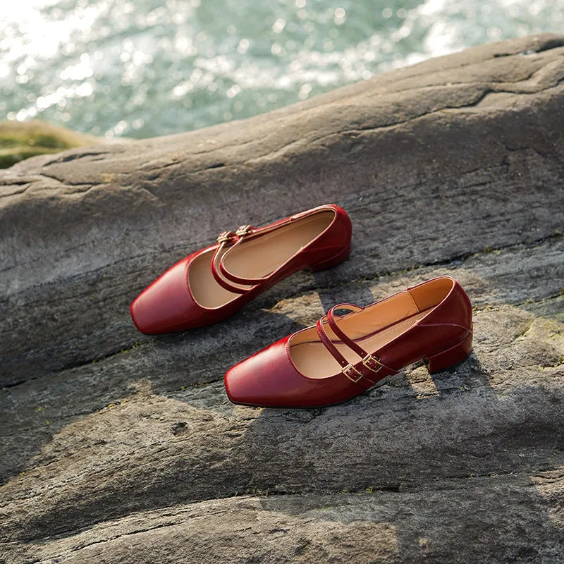 Handmade Leather Mary Jane Pumps Block Heel Office Shoes Double-strap in Red/Black