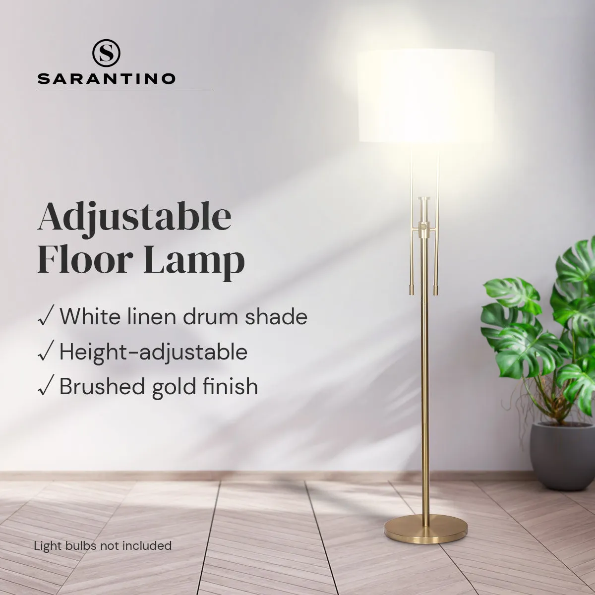 Height-Adjustable Brushed Gold Floor Lamp with Linen Shade