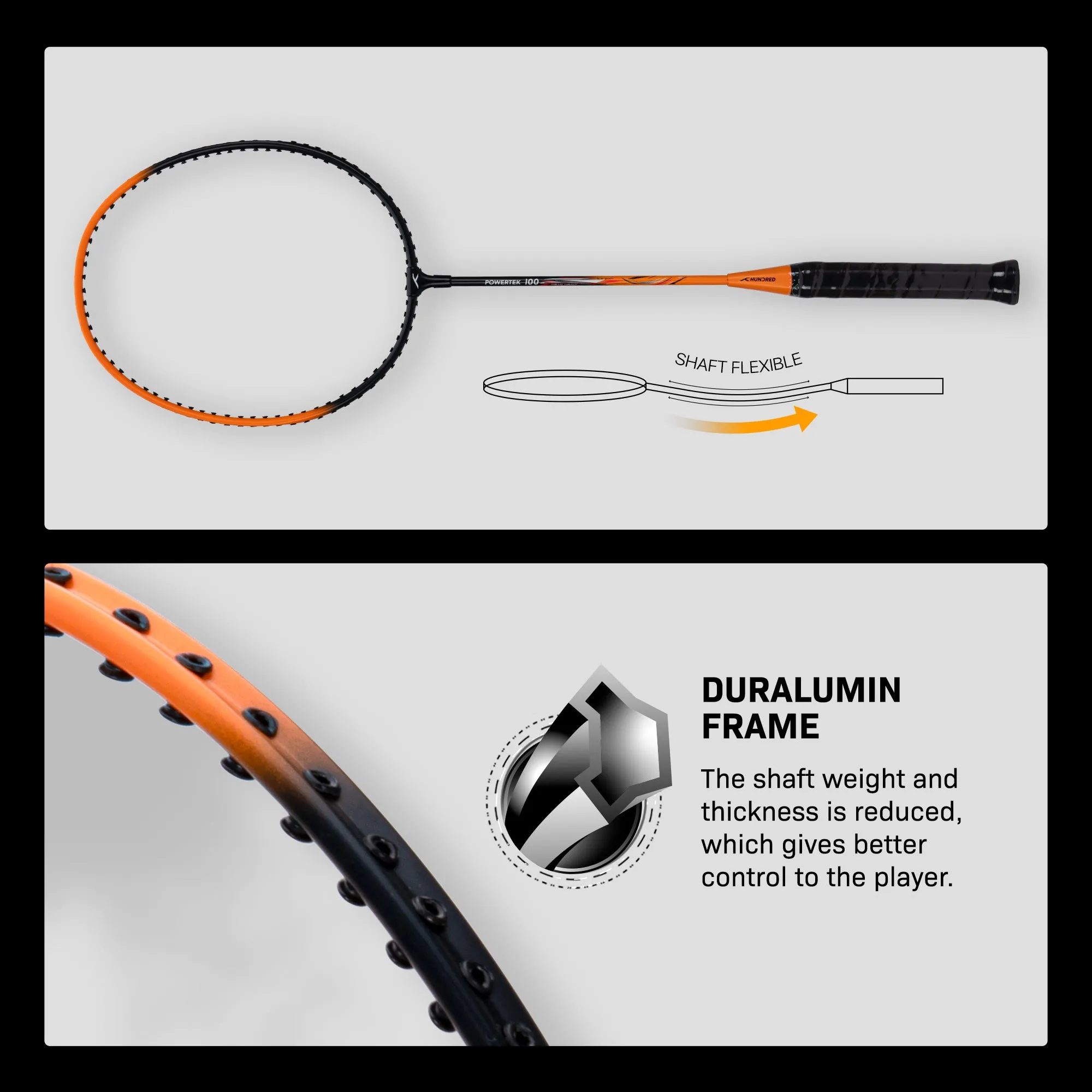 Hundred POWERTEK 100 (2PCS IN 1) Strung Badminton Racquet (Black / Orange)