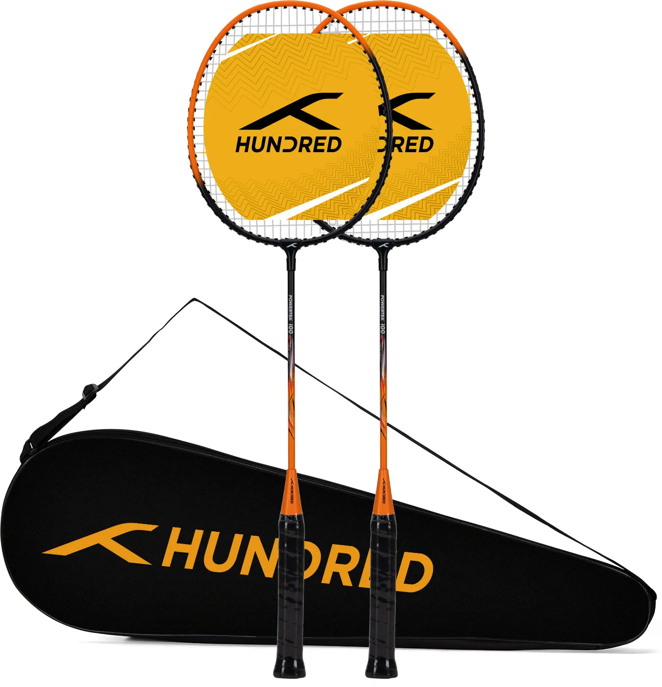 Hundred POWERTEK 100 (2PCS IN 1) Strung Badminton Racquet (Black / Orange)